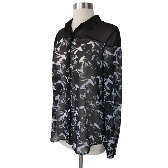 FRENCH CONNECTION Women's Black White Hatched Horses Sheer Blouse Size 6 - Picture 3 of 9